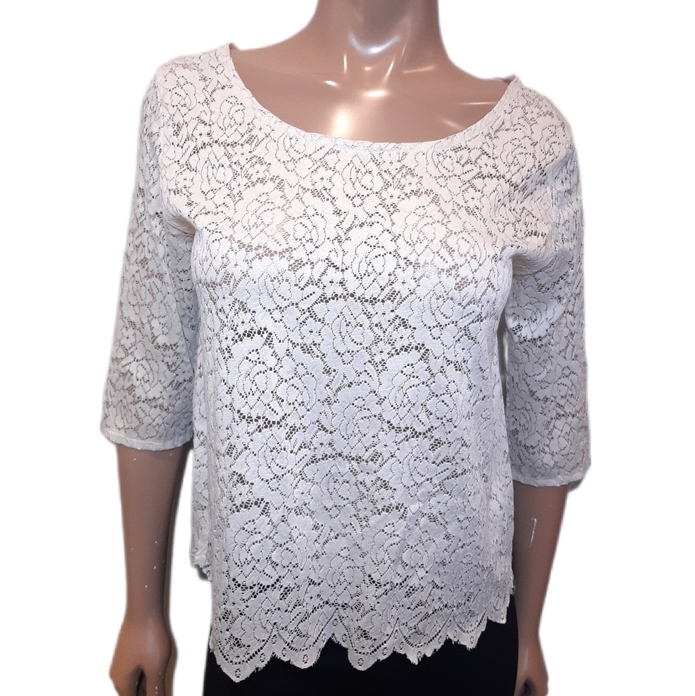 TWIK Sheer Floral Lace Blouse Cropped Sleeve Scalloped Ivory Top By Simons